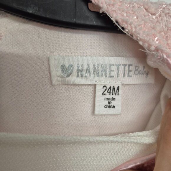 Nanette Baby Girls Pink & Ivory Dress 24M With Floral Rosette Skirt & Bow Accent - Picture 3 of 6
